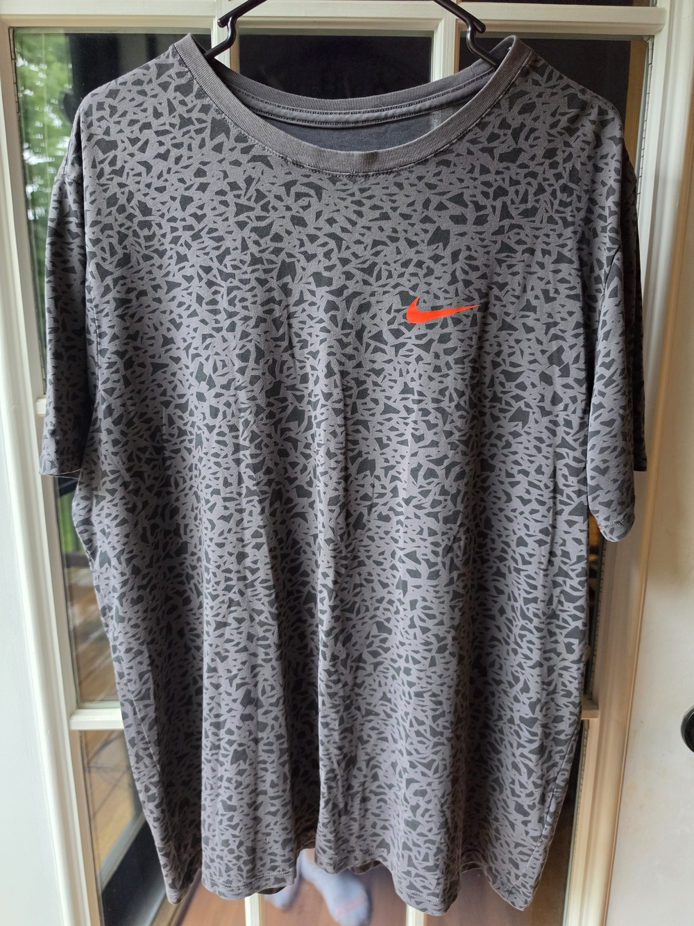 Nike Men's Grey Geometric Pattern Tee with Orange Swoosh
